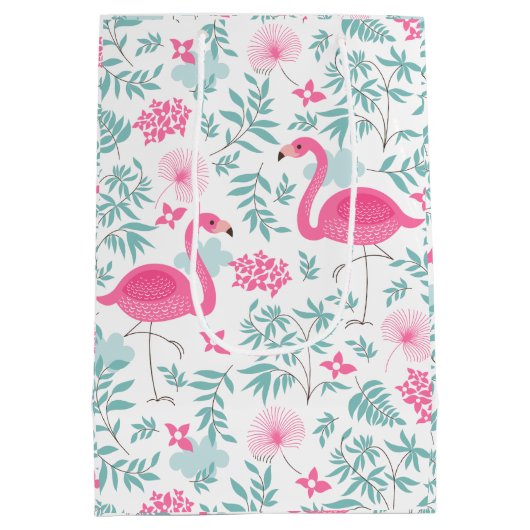 ピンクのフラミンゴと熱帯葉の ミディアムペーパーバッグ (裏面)
