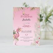 ピンクのフラミンゴと花の誕生日 招待状 (スタンド正面)