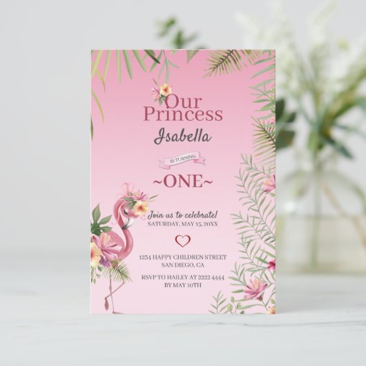ピンクのフラミンゴと花の誕生日 招待状 (スタンド正面)