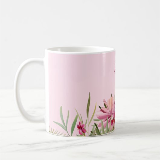 ピンクのフラミンゴと花 コーヒーマグカップ (左)