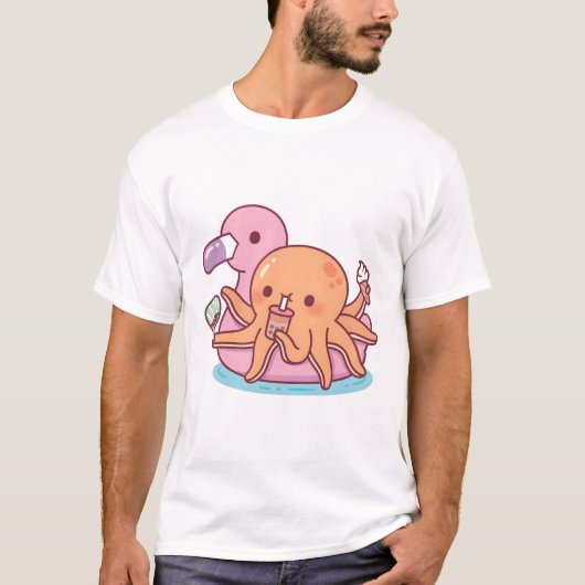 ピンクのフラミンゴに凍りつくかわいいタコ Tシャツ (正面)