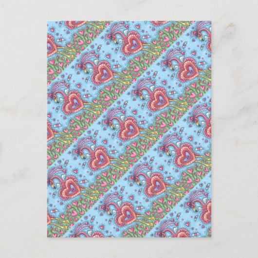 ピンクのフラミンゴのキューピッドと飛んでいるハートのバレンタイン シーズンポストカード (正面)