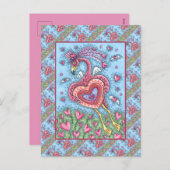 ピンクのフラミンゴのキューピッドと飛んでいるハートのバレンタイン シーズンポストカード (正面/裏面)