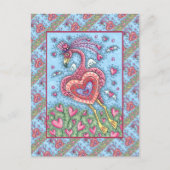 ピンクのフラミンゴのキューピッドと飛んでいるハートのバレンタイン シーズンポストカード (正面)