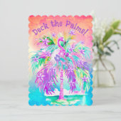 ピンクのフラミンゴのクリスマスパームツリー パーソナライズ シーズンカード (スタンド正面)