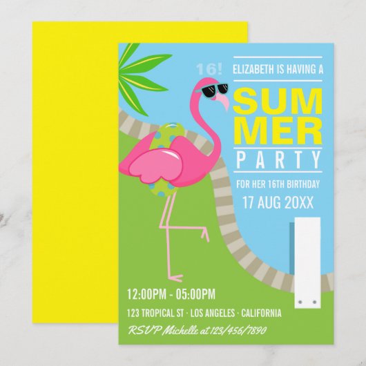 ピンクのフラミンゴのサマープール誕生日パーティ 招待状 (正面/裏面)