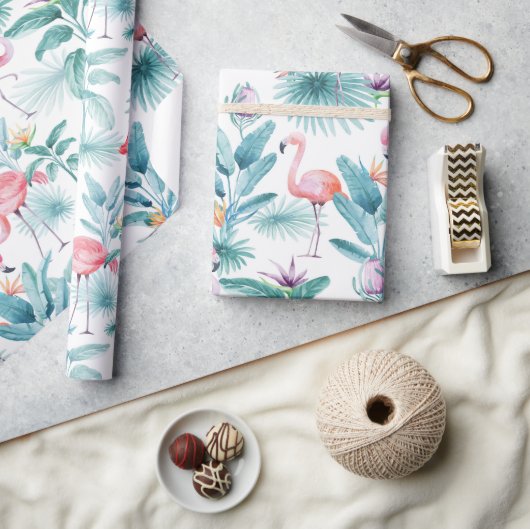 ピンクのフラミンゴのトロピカル離れのパターン ラッピングペーパー (クラフト)
