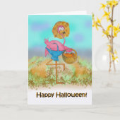 ピンクのフラミンゴのハッピーハローウィンのカボチャパッチの農場C カード (黄色い花)