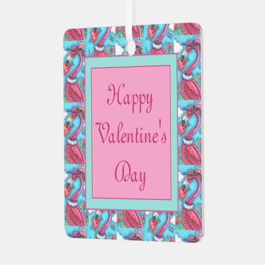 ピンクのフラミンゴのバレンタインハート、かわいいラブバード メタルオーナメント (正面左)