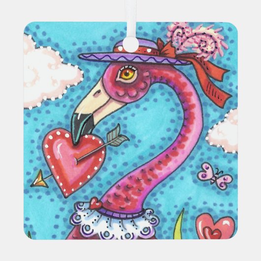 ピンクのフラミンゴのバレンタインハート、かわいいラブバード メタルオーナメント (裏面)