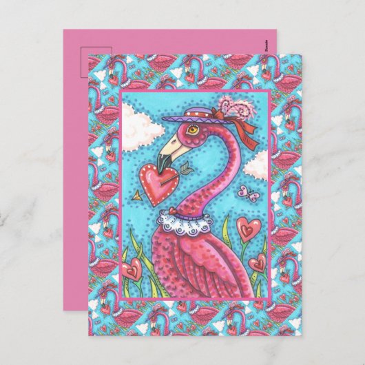 ピンクのフラミンゴのバレンタインハート、愛の鳥WHIMSY シーズンポストカード (正面/裏面)