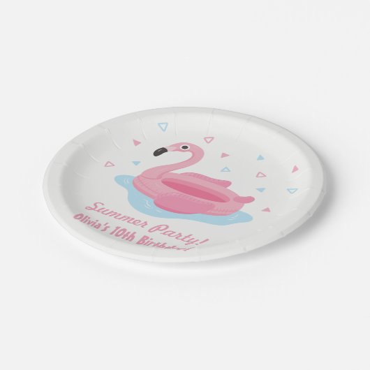 ピンクのフラミンゴのプールの浮遊物の夏のパーティーのプレート ペーパープレート (アングル)