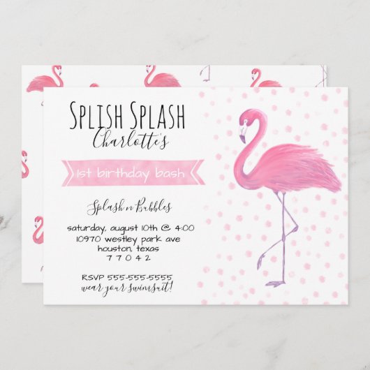 ピンクのフラミンゴのポーク点の第1誕生日の招待 招待状 (正面/裏面)