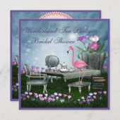 ピンクのフラミンゴの不思議の国のお茶会のブライダルシャワー 招待状 (正面/裏面)