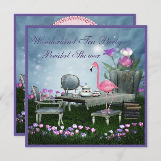 ピンクのフラミンゴの不思議の国のお茶会のブライダルシャワー 招待状 (正面/裏面)