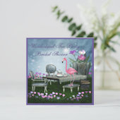 ピンクのフラミンゴの不思議の国のお茶会のブライダルシャワー 招待状 (スタンド正面)