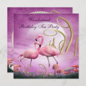 ピンクのフラミンゴの不思議の国の誕生日のお茶会 招待状 (正面/裏面)