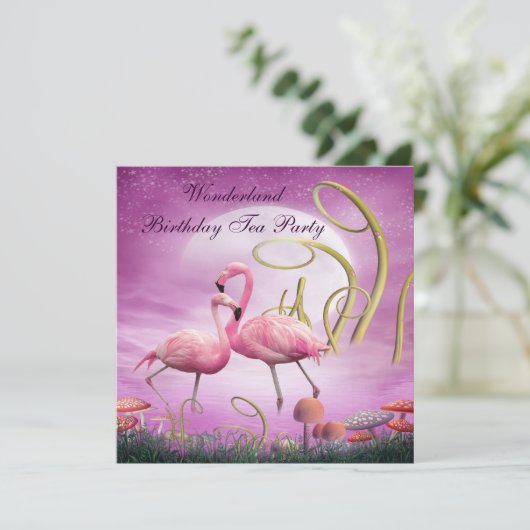 ピンクのフラミンゴの不思議の国の誕生日のお茶会 招待状 (スタンド正面)