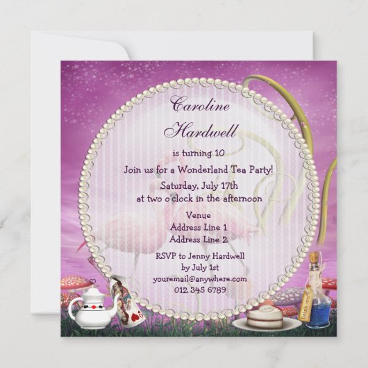 ピンクのフラミンゴの不思議の国の誕生日のお茶会 招待状 (裏面)