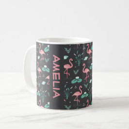 ピンクのフラミンゴの可愛い灰色パターン名 コーヒーマグカップ