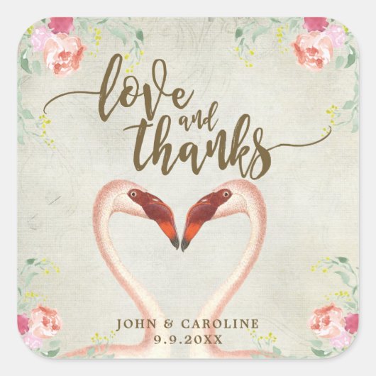 ピンクのフラミンゴの愛感謝していと好意ステッカー スクエアシール (正面)