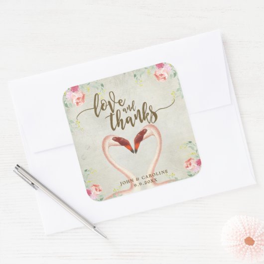 ピンクのフラミンゴの愛感謝していと好意ステッカー スクエアシール (封筒)