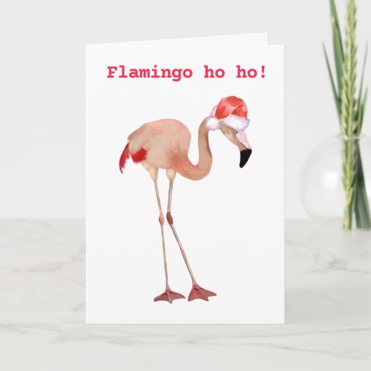 ピンクのフラミンゴの水の色のおもしろいクリスマス シーズンカード (正面)