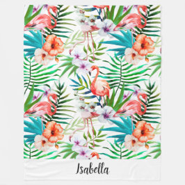 ピンクのフラミンゴの熱帯花のパーソナライズ フリースブランケット