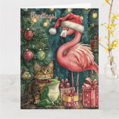ピンクのフラミンゴの猫とカエルの熱帯クリスマス カード (黄色い花)