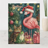 ピンクのフラミンゴの猫とカエルの熱帯クリスマス カード (正面)