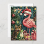 ピンクのフラミンゴの猫とカエルの熱帯クリスマス シーズンポストカード (正面/裏面)