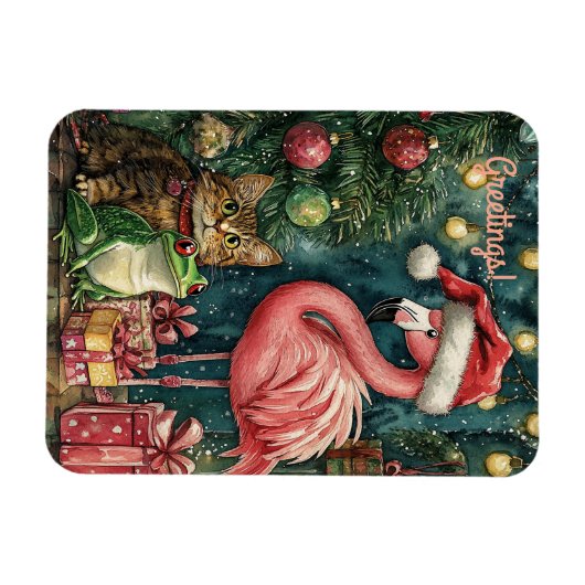 ピンクのフラミンゴの猫とカエルの熱帯クリスマス マグネット (横)