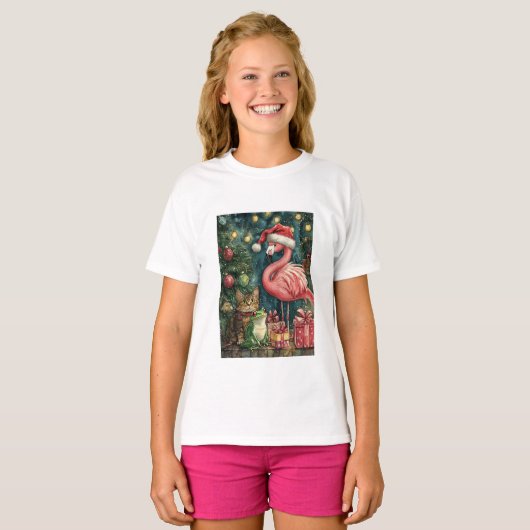 ピンクのフラミンゴの猫とカエルの熱帯クリスマス Tシャツ (正面フル)