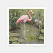 ピンクのフラミンゴの睡蓮と葦の油絵。 スタンダードカクテルナプキン (正面)