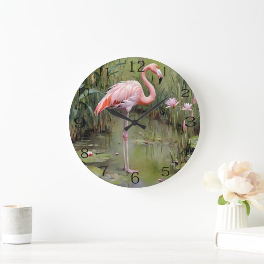 ピンクのフラミンゴの睡蓮と葦の油絵。 ラージ壁時計 (ホーム)