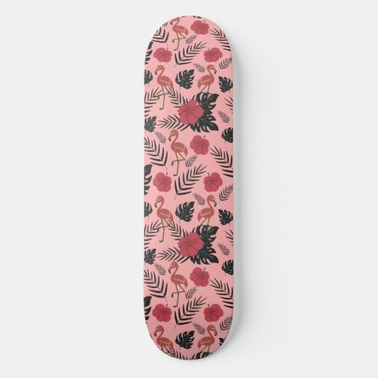 ピンクのフラミンゴの継ぎ目のないパタ葉ーンと花 スケートボード (正面)