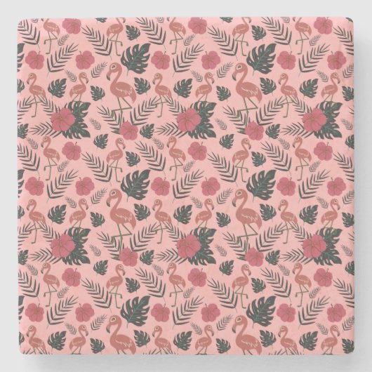 ピンクのフラミンゴの継ぎ目のないパタ葉ーンと花 ストーンコースター (正面)