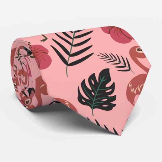 ピンクのフラミンゴの継ぎ目のないパタ葉ーンと花 ネクタイ (ロール)