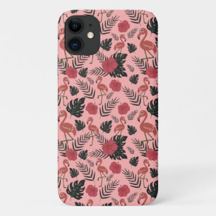 ピンクのフラミンゴの継ぎ目のないパタ葉ーンと花 iPhone 11 ケース