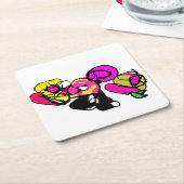 ピンクのフラミンゴの花と喜び スクエアペーパーコースター (アングル)