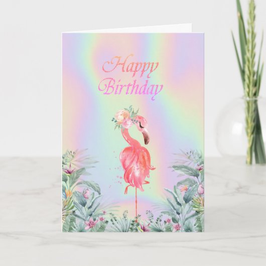 ピンクのフラミンゴの花のホログラム誕生日 カード (正面)