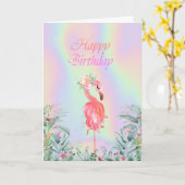 ピンクのフラミンゴの花のホログラム誕生日 カード (黄色い花)