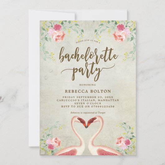 ピンクのフラミンゴの花のbachelorettのパーティの招待状 招待状 (正面)