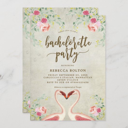 ピンクのフラミンゴの花のbachelorettのパーティの招待状 招待状 (正面/裏面)