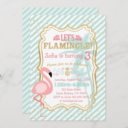 ピンクのフラミンゴの誕生日のパーティの招待状 招待状 (正面/裏面)