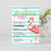 ピンクのフラミンゴの誕生日パーティとミントストライプー | 招待状 (スタンド正面)