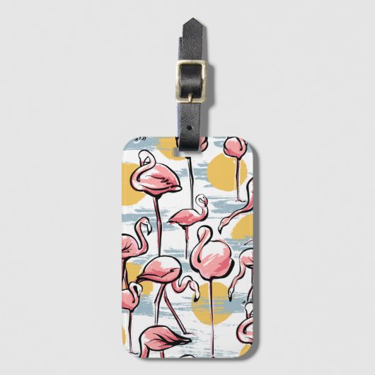 ピンクのフラミンゴの鳥と夕日 |トロピカルタンゴ ラゲッジタグ (正面縦)