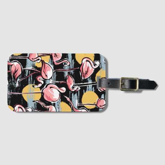 ピンクのフラミンゴの鳥と夕日 |トロピカルタンゴ ラゲッジタグ (正面横)