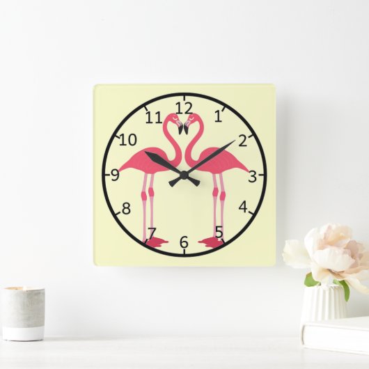 ピンクのフラミンゴの鳥の愛ハート スクエア壁時計 (ホーム)