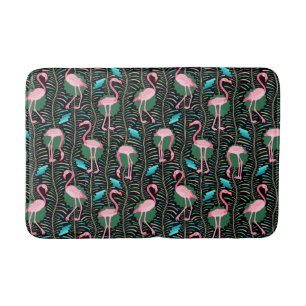 ピンクのフラミンゴの鳥20s Decoのシダは黒を模造します バスマット